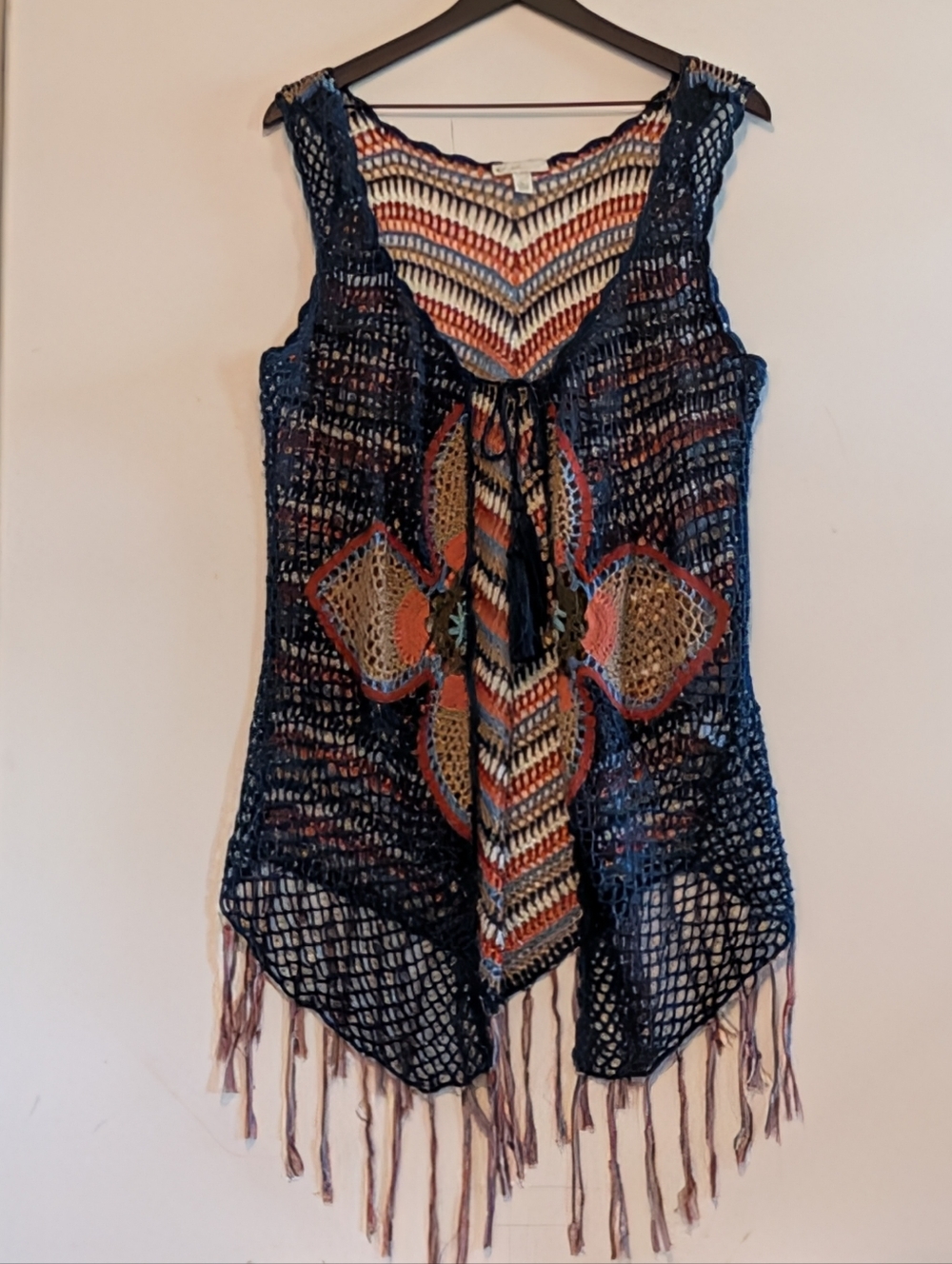Open Knit Crochet Fringe Vest Large Sleeveless Boho Top Hippie Festival Layering